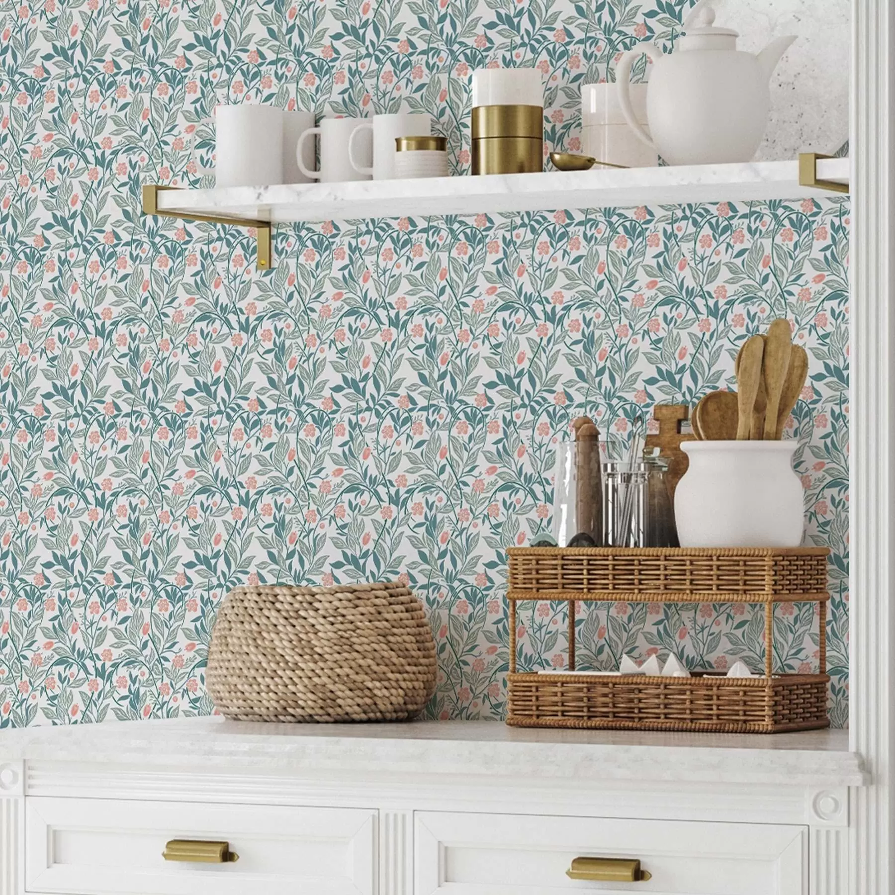 fototapeter Friskt mønster med korallblomster og blader a00247