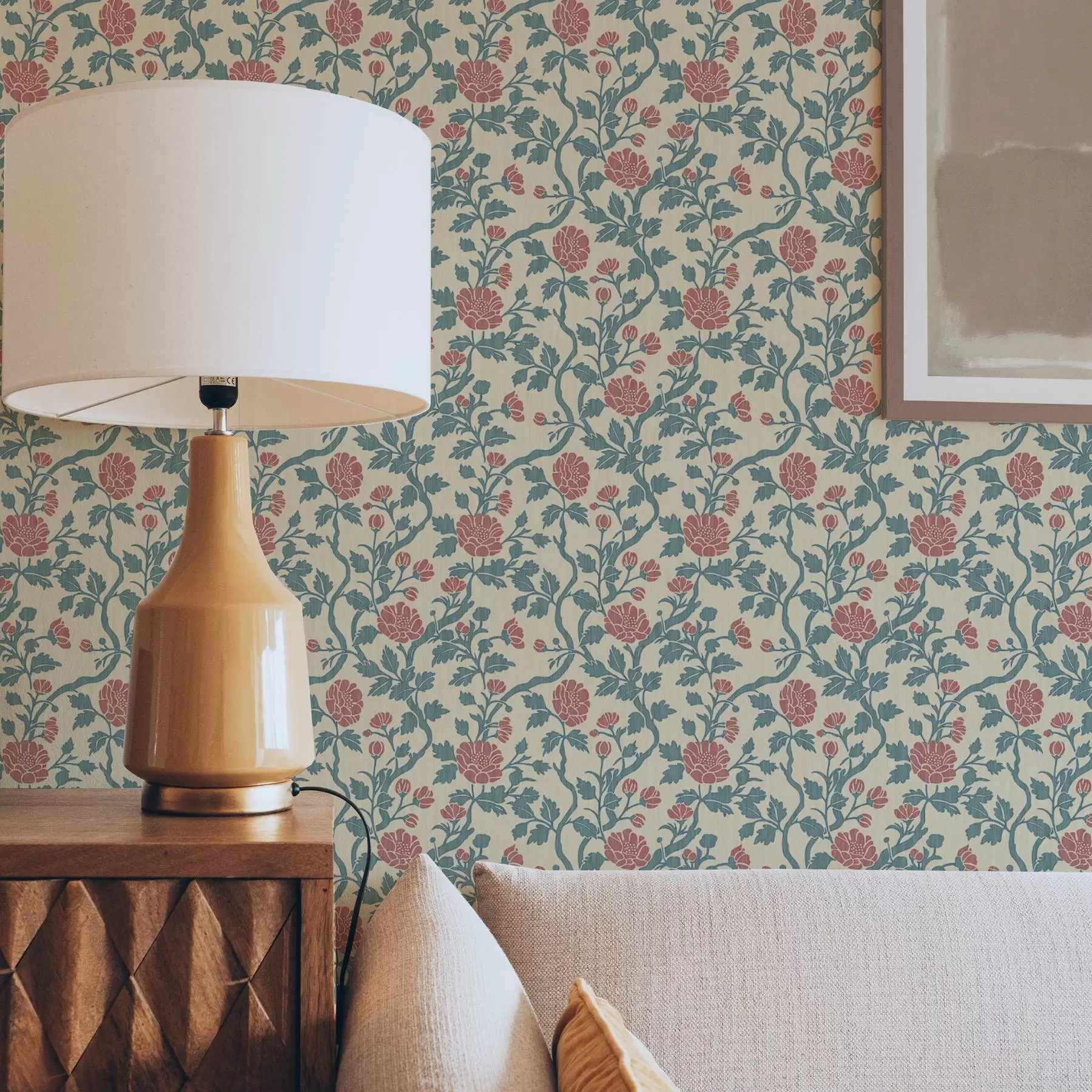 fototapeter Retromønster med blomster i rødt og grønt a00250