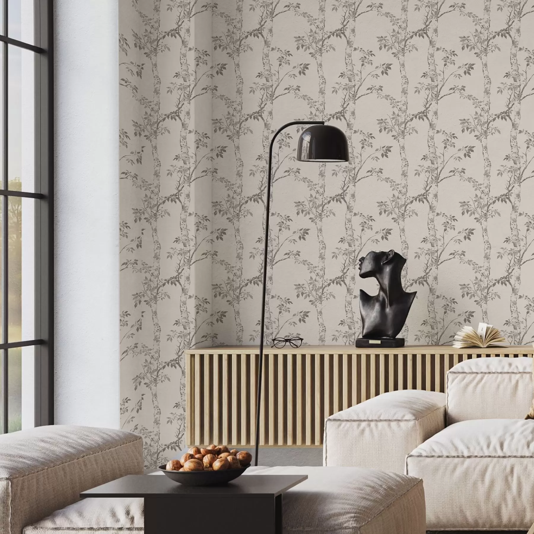 fototapeter Bjørkegreiner med blader på en lys bakgrunn a00257