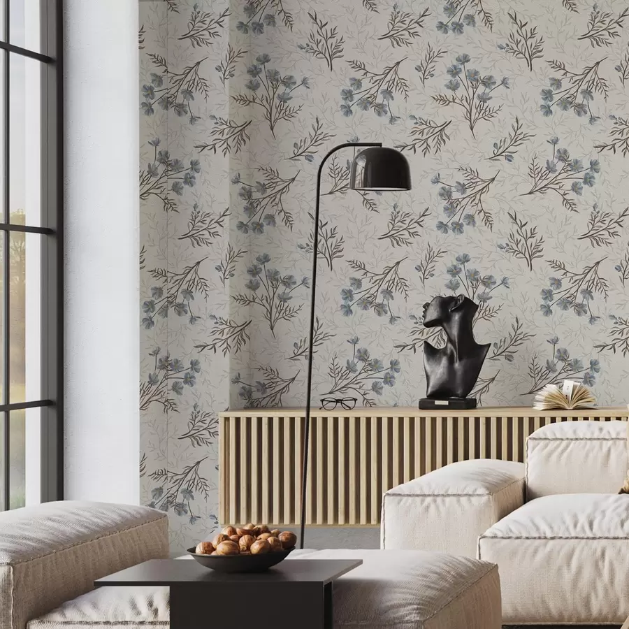 fototapeter Blå blomster og lyse grener på hvit bakgrunn a00265v1