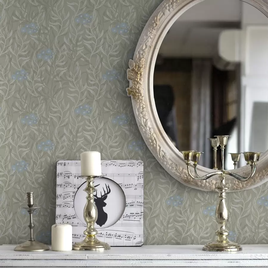 fototapeter Grønn bakgrunn med hvite grener og blå blomster a00268v1