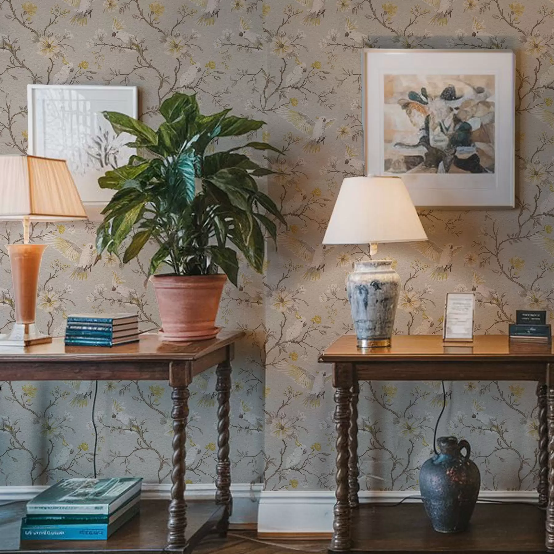 fototapeter Papegøyer og gule blomster på lys bakgrunn a00270