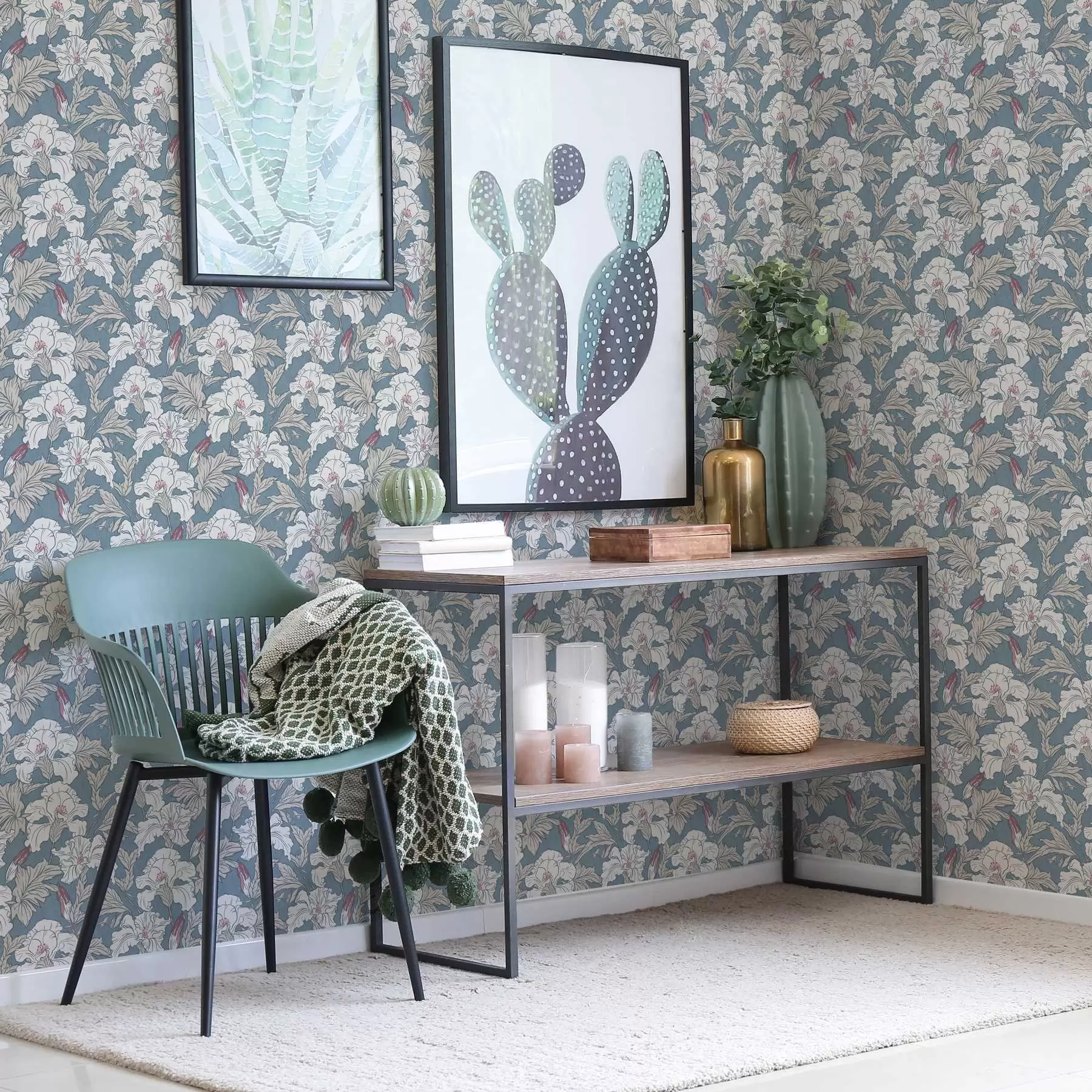 fototapeter Hvit hibiskus på blå bakgrunn med konturmønster a00272v1