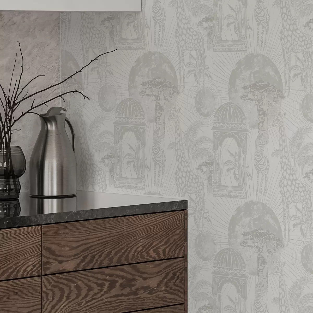 Bakgrunn Grafisk illustrasjon med sjiraff, sebra og palmer a00276v1