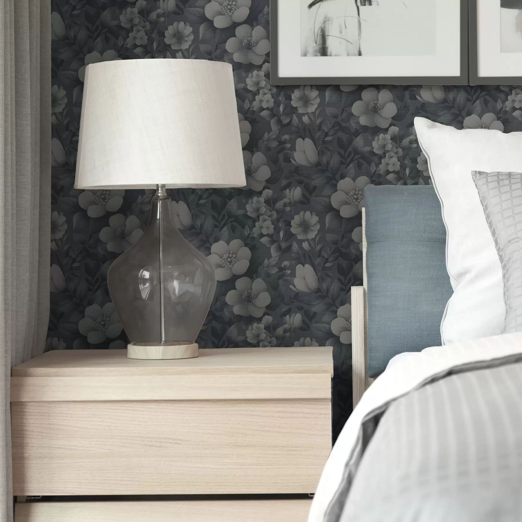 fototapeter Mørkeblått mønster med voluminøse hvite blomster a00282