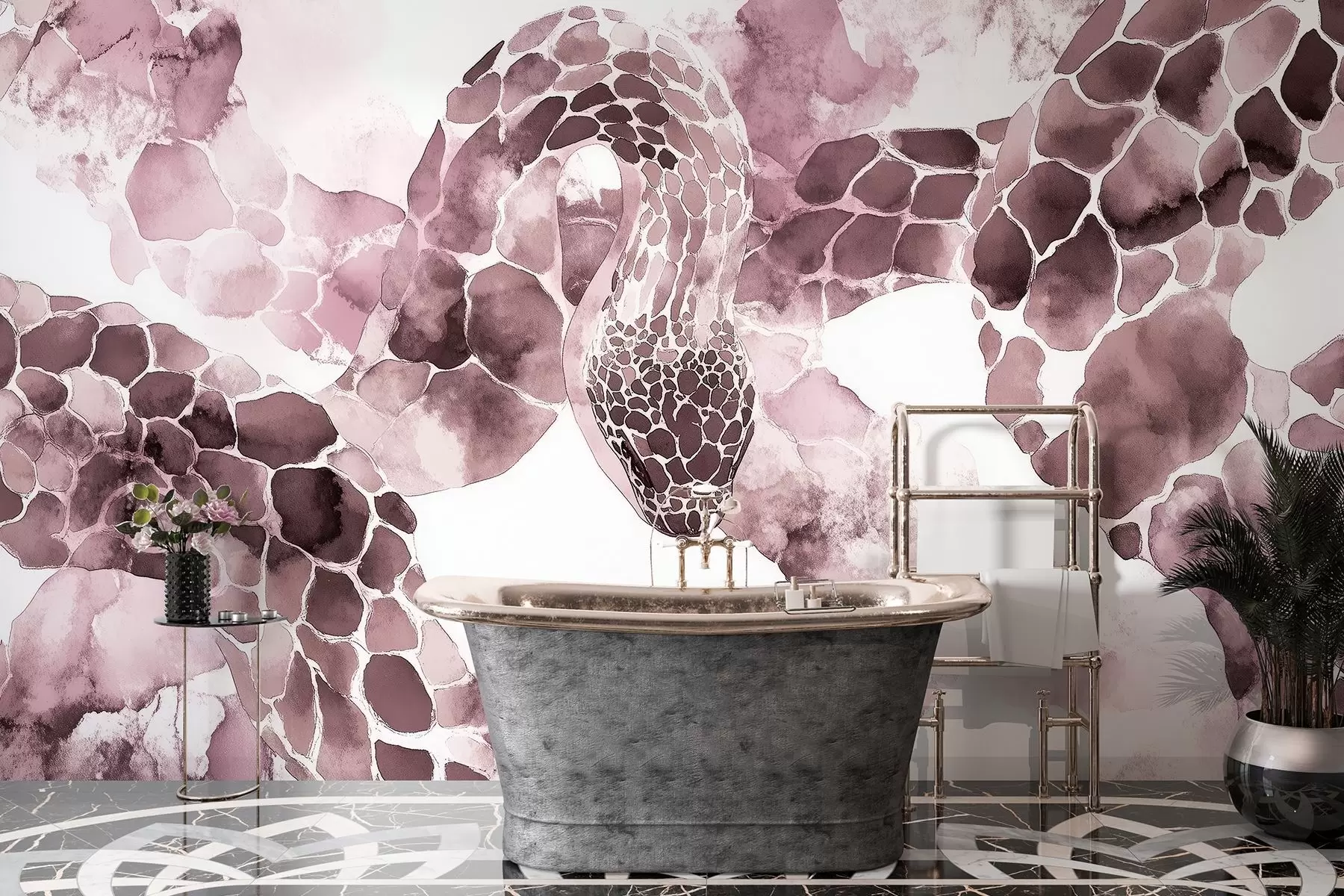 fototapeter Slangesilhuett, akvarellstil, burgunderfarger w04113v1