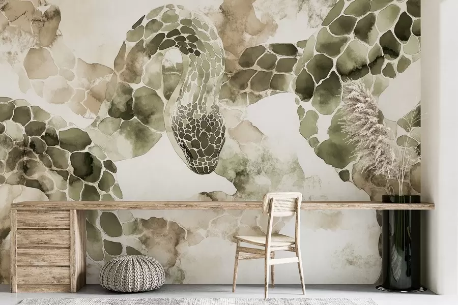 fototapeter Slangesilhuett, akvarellstil, olivenfarger w04113v3