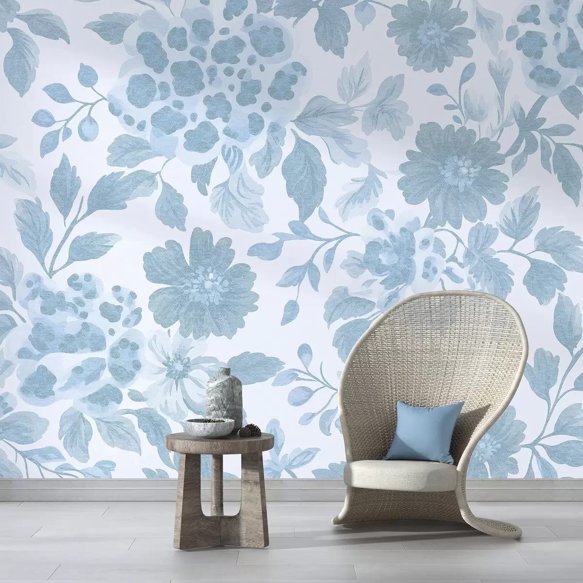 fototapeter Blomster i boho-stil med leopardtrykk, blå farge w04114v1