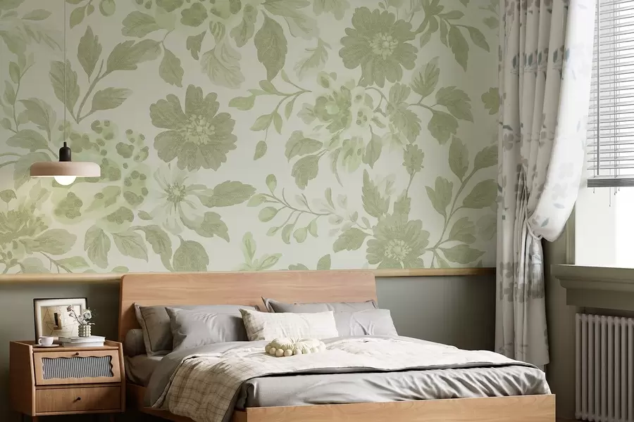 fototapeter Blomster i boho-stil med leopardtrykk, grønn farge w04114v2