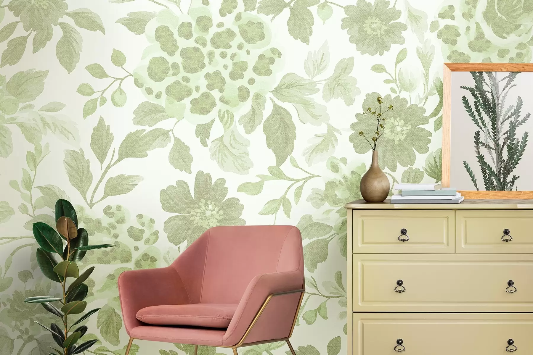 fototapeter Blomster i boho-stil med leopardtrykk, grønn farge w04114v2