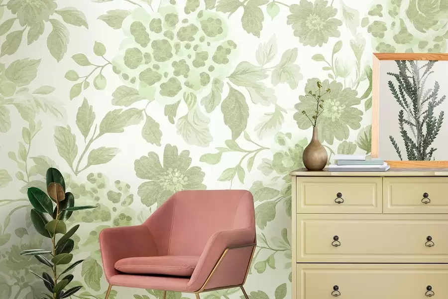 fototapeter Blomster i boho-stil med leopardtrykk, grønn farge w04114v2