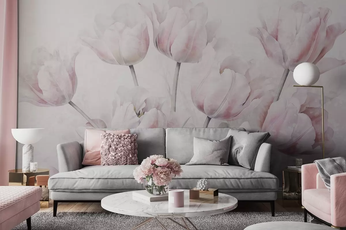 fototapeter Rosa tulipaner med grønne blader, mykt lys, vintage akvarellstil, delikate penselstrøk w09220