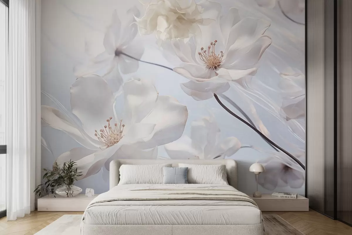 fototapeter Hvite, gjennomsiktige blomster med delikate kronblader, myk, lyseblå bakgrunn, elegant, romantisk, drømmende w09233