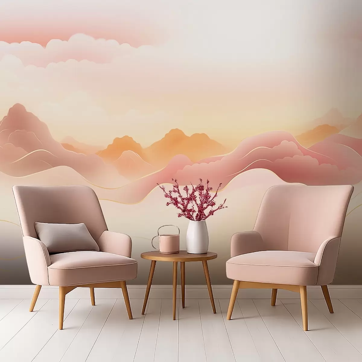 fototapeter Tåkete fjell under en varm soloppgang w09242