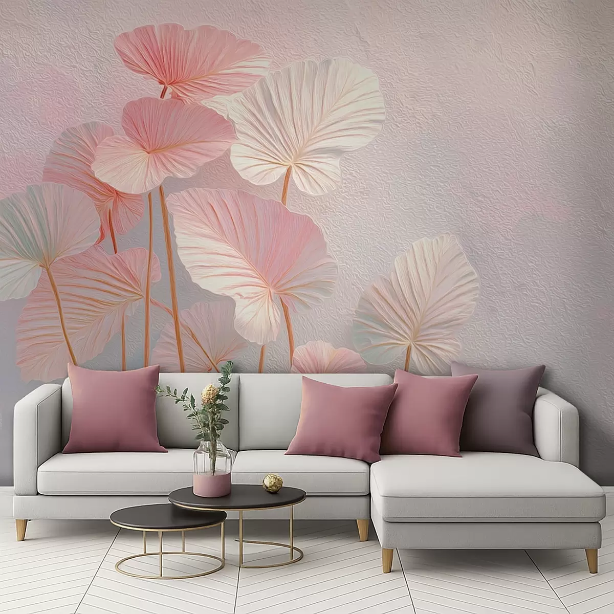 fototapeter Elegante, store tropiske blader i duse rosa og blå fargetoner w09252