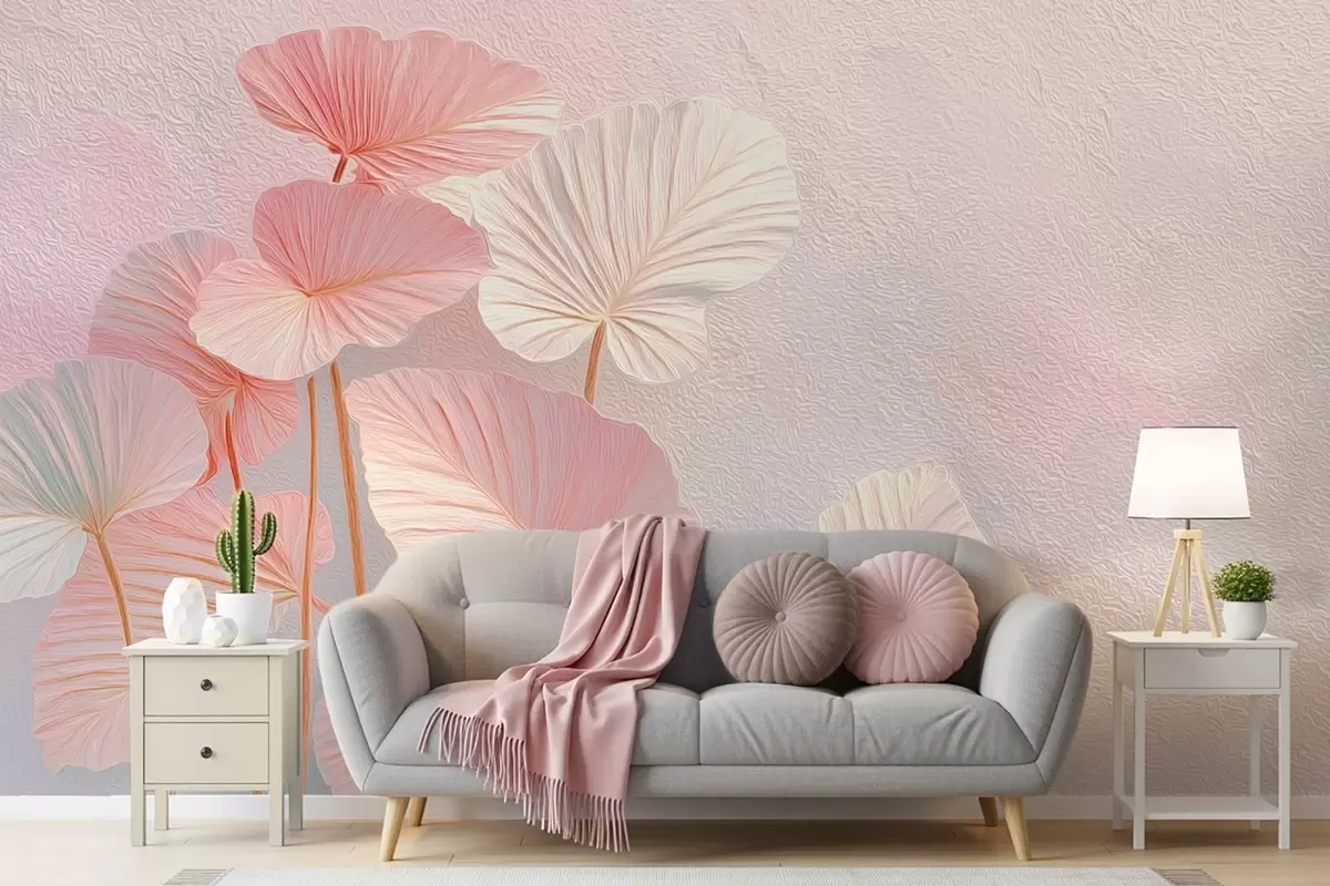 fototapeter Elegante, store tropiske blader i duse rosa og blå fargetoner w09252