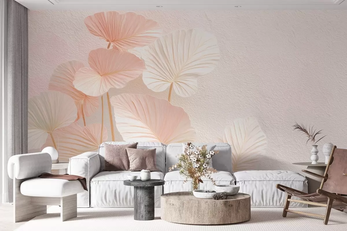 fototapeter Elegante store tropiske blader i sart rosa farge w09252v1