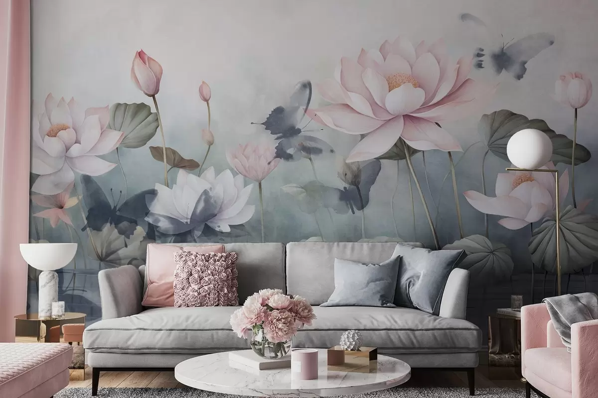 fototapeter Lotusblomster med rosa pastellfargede kronblader, grønne blader, vannrefleksjon, myke pastellfarger, akvarelleffekt w09254