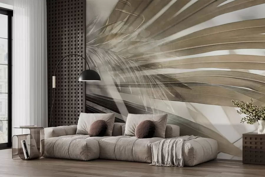 fototapeter Palmblader med en lysebrun fargetone som overlapper hverandre og skaper en lagvis effekt, mot en myk, nøytral bakgrunn w09256