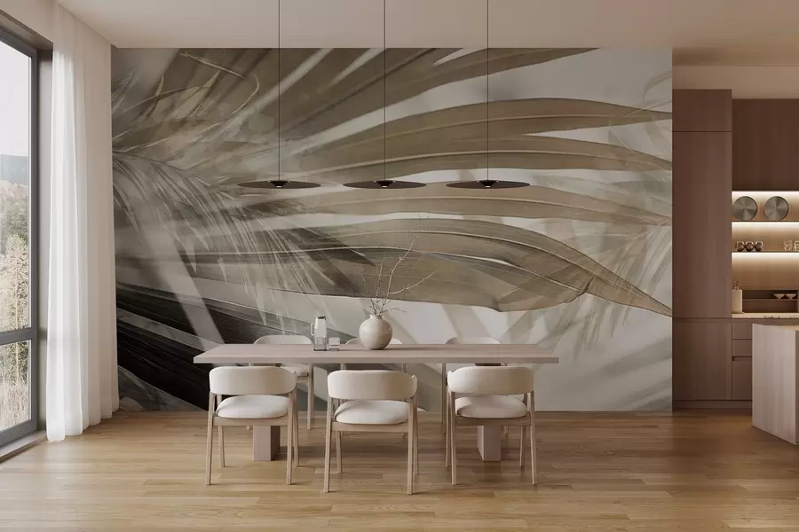 fototapeter Palmblader med en lysebrun fargetone som overlapper hverandre og skaper en lagvis effekt, mot en myk, nøytral bakgrunn w09256