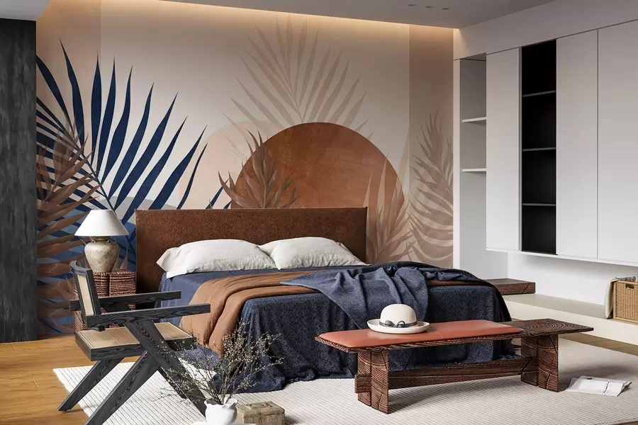 fototapeter Abstrakt teksturert komposisjon med tropiske blader i blå og jordfargede nyanser, med en stor sirkulær form w09257