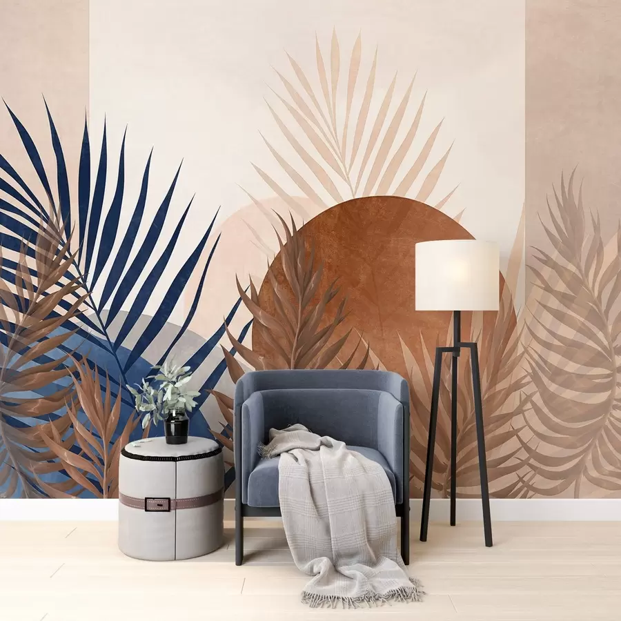 fototapeter Abstrakt teksturert komposisjon med tropiske blader i blå og jordfargede nyanser, med en stor sirkulær form w09257