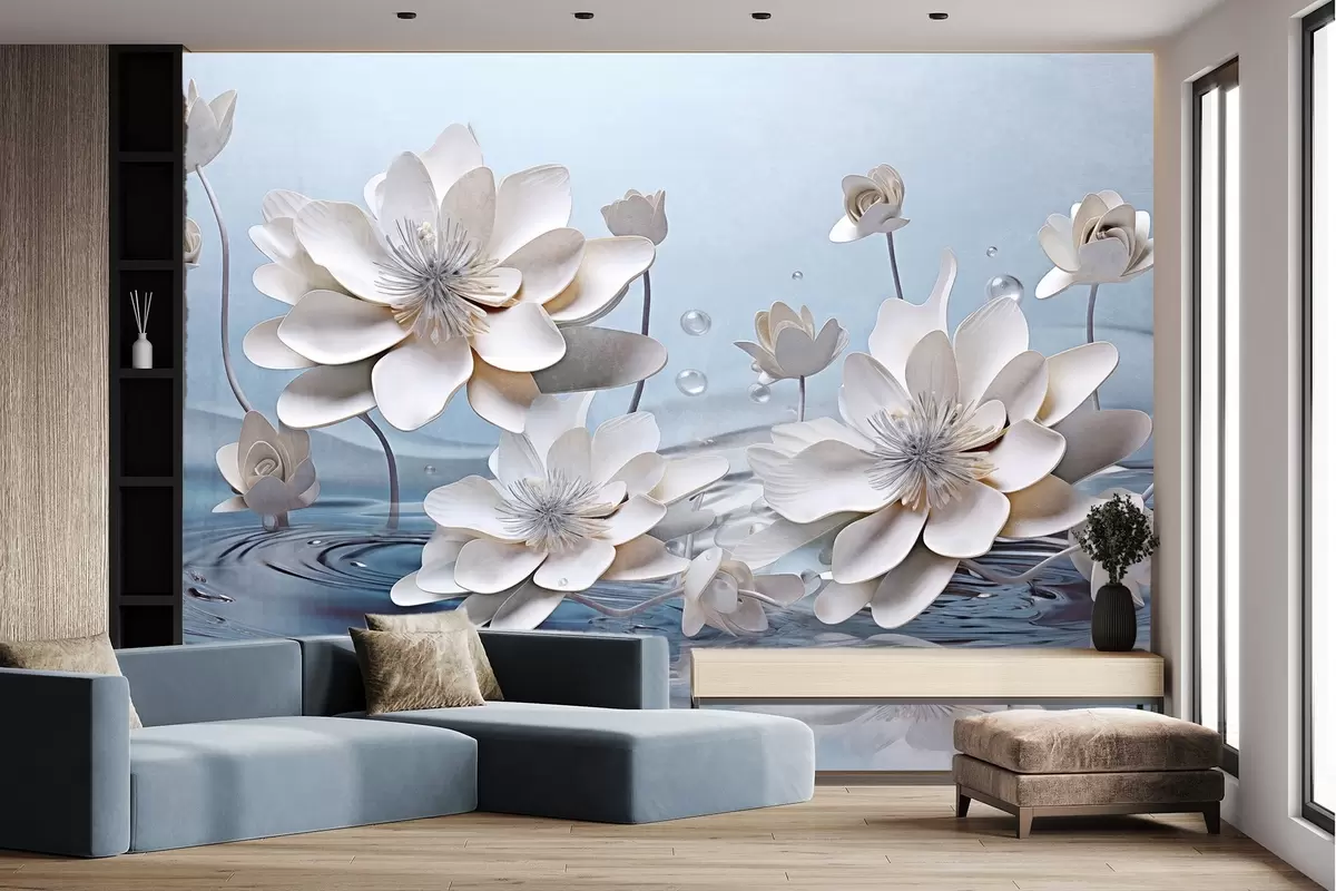 fototapeter Hvite, strukturerte blomster med vanndråper, refleksjoner på vannoverflaten, lyseblå bakgrunn, elegant design w09262