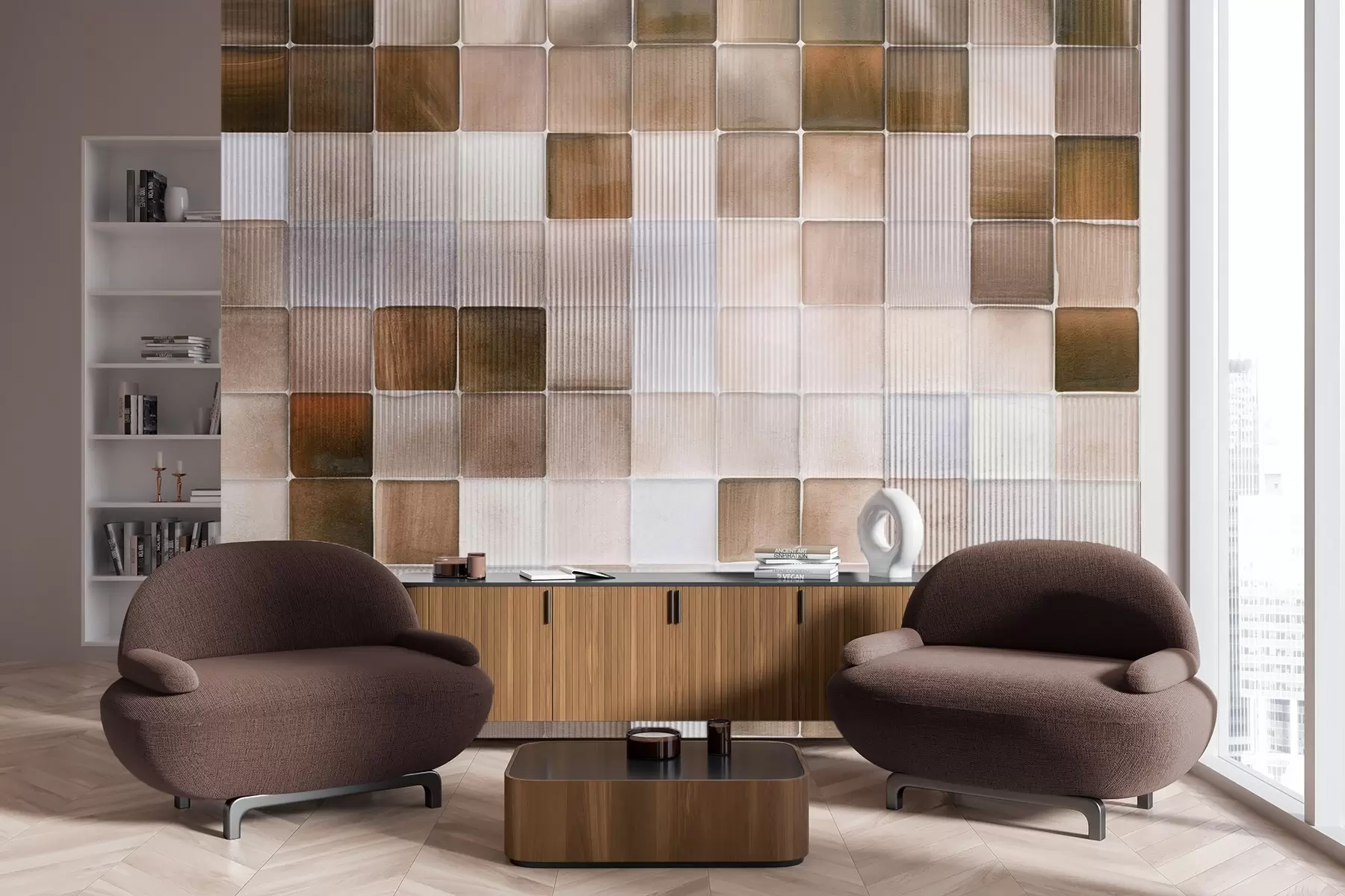 fototapeter Kvadratiske mosaikkfliser i nyanser av brunt, beige og hvitt med en abstrakt, riflet, kornet og støyende tekstur w09269