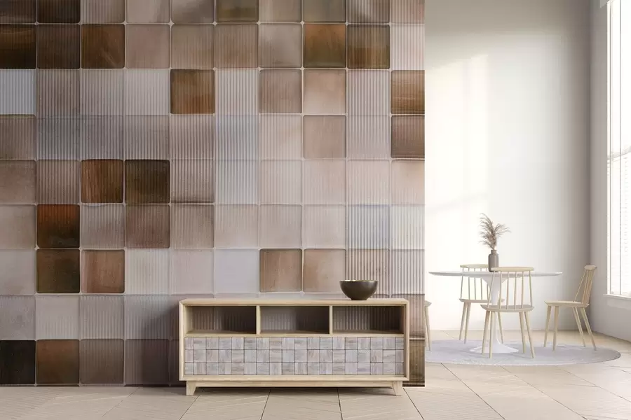 fototapeter Kvadratiske mosaikkfliser i nyanser av brunt, beige og hvitt med en abstrakt, riflet, kornet og støyende tekstur w09269