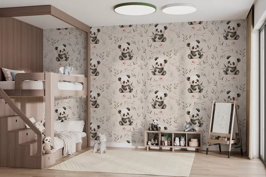 fototapeter søte pandaer i babystil blant plantene w04170