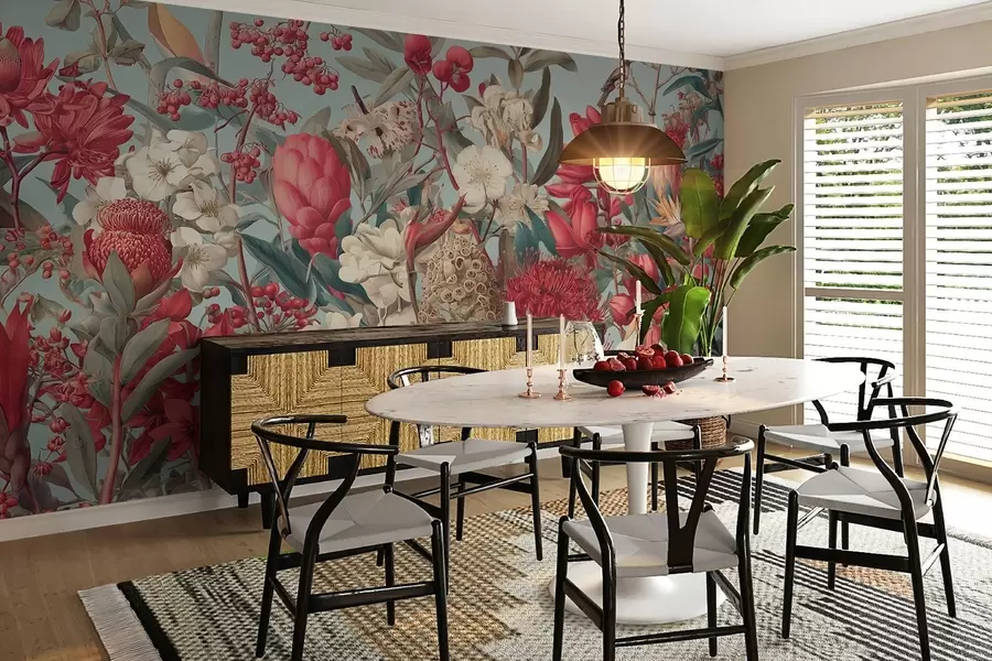 fototapeter tropiske blomster med tekstur på blå bakgrunn w04209