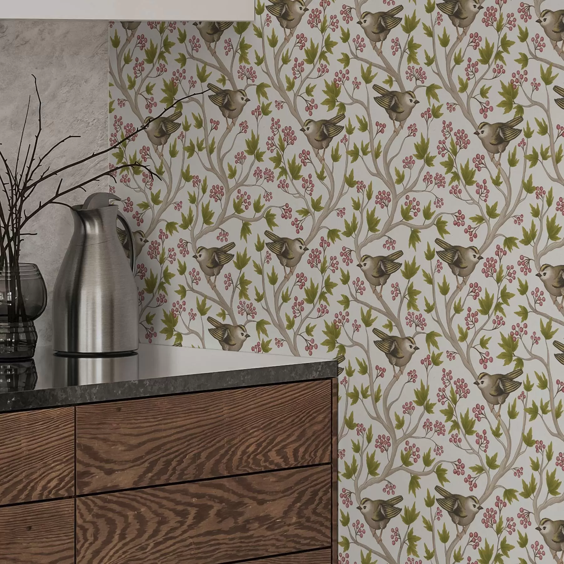 fototapeter Fugler på grener med blader og bær på hvit bakgrunn a00283