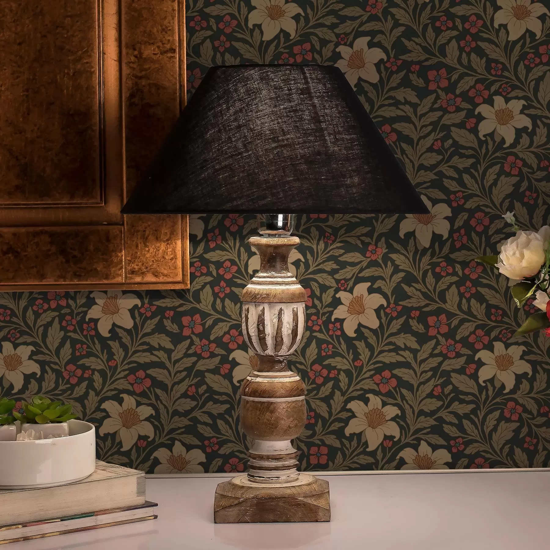 fototapeter Mørk bakgrunn med gule og røde blomster i jugendstil a00293