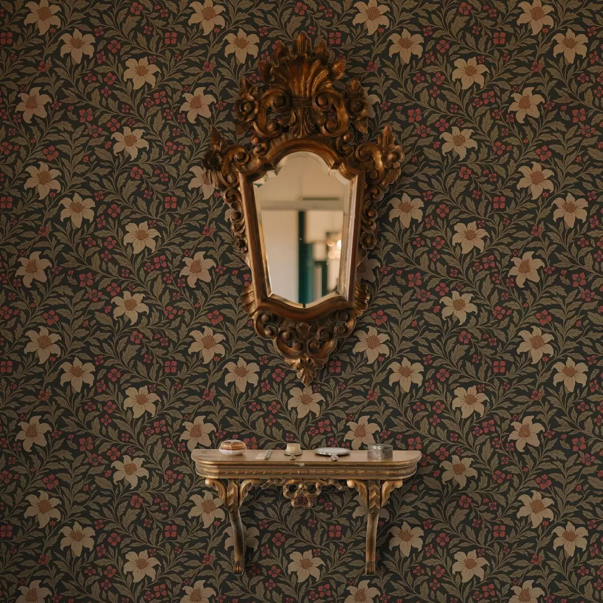 Bakgrunn Mørk bakgrunn med gule og røde blomster i jugendstil a00293