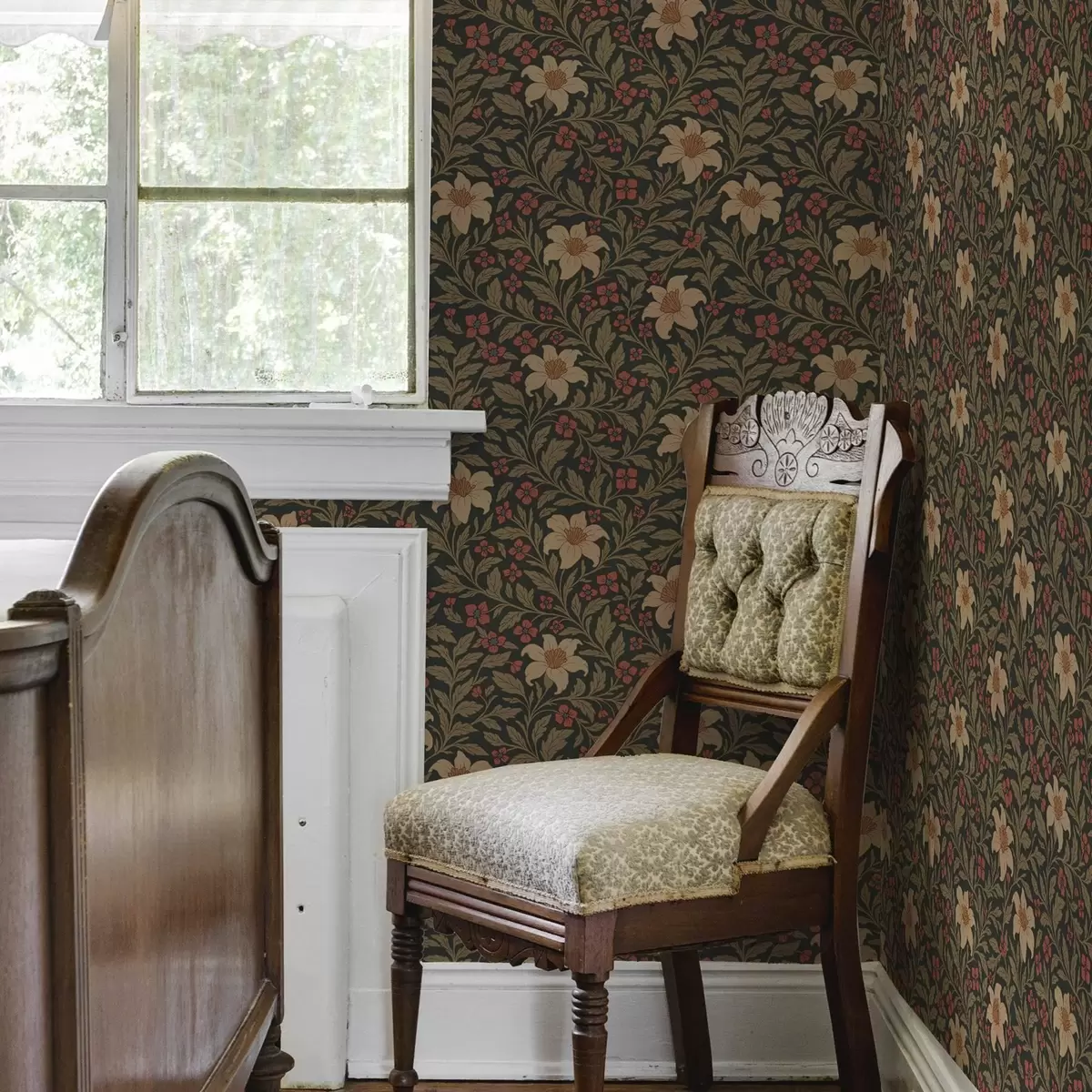 Bakgrunn Mørk bakgrunn med gule og røde blomster i jugendstil a00293
