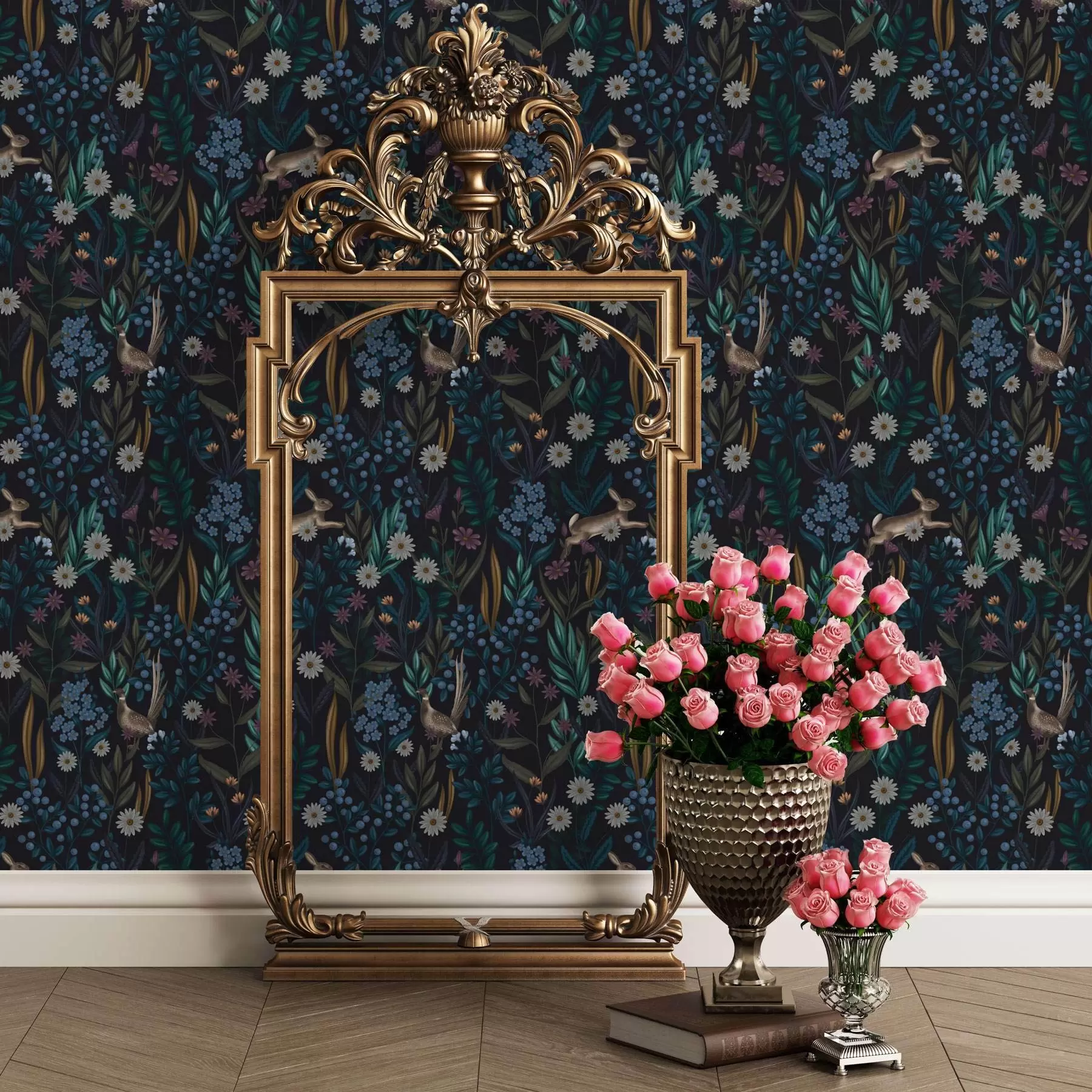 fototapeter Mørk skog med blomster, hare og en fugl a00310