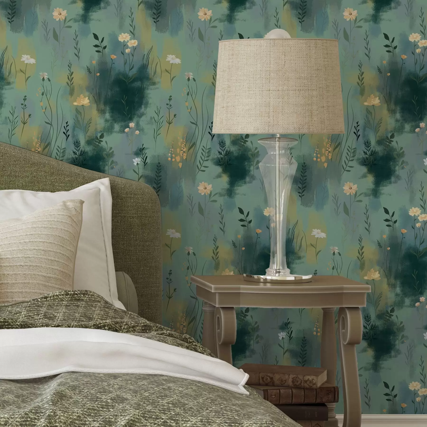 fototapeter Akvarellabstraksjon med blomster på grønn bakgrunn a00312