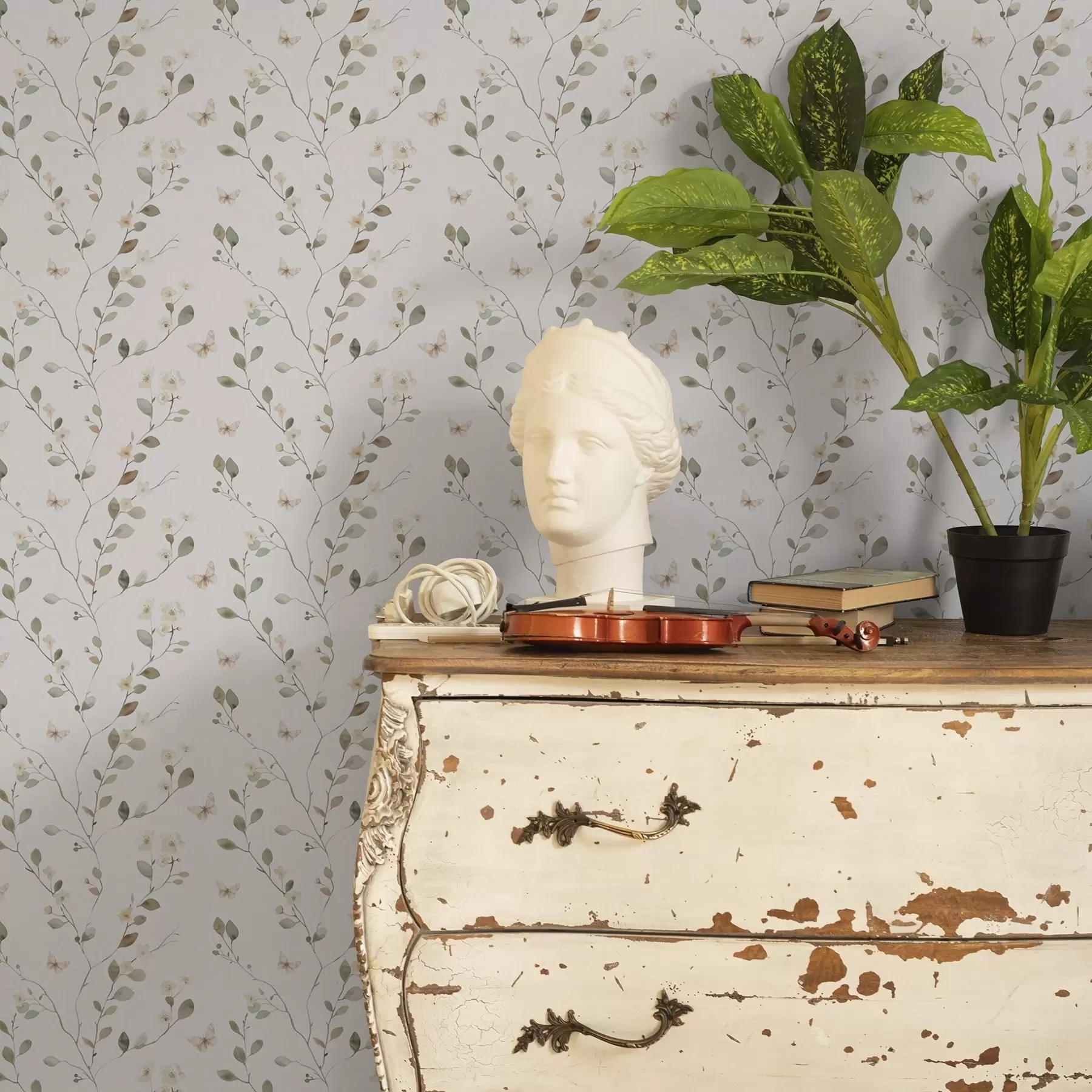 fototapeter Tynne grener med blomster og sommerfugler på hvit bakgrunn a00342