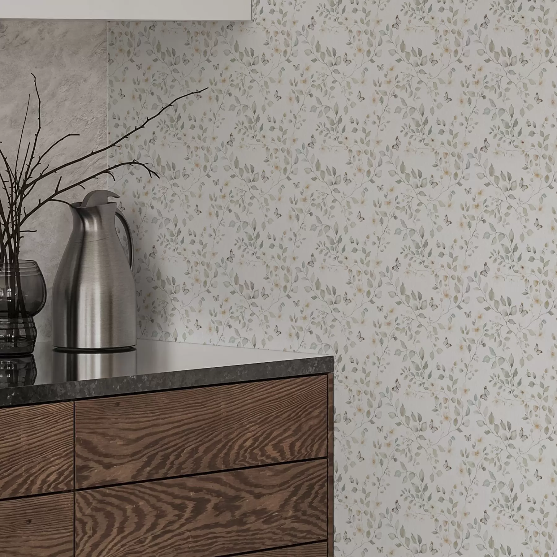 fototapeter Lette grener med blader og blomster i små repetisjoner a00343