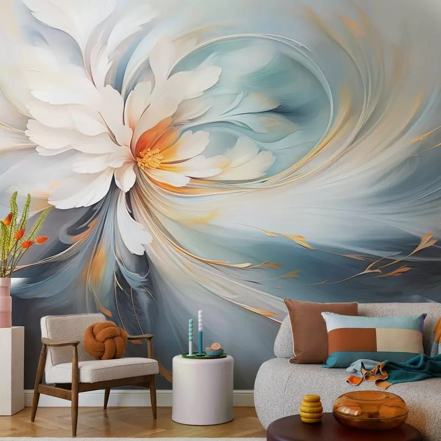 fototapeter Abstrakt blomst i myke blå og oransje toner w09270