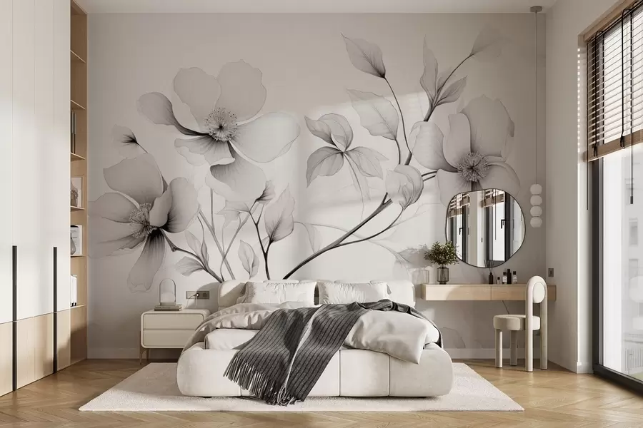 fototapeter Svarte og hvite blomster med elegante linjer på grå bakgrunn w09271