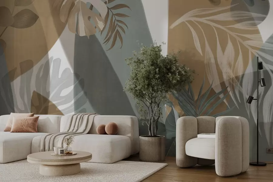 fototapeter Monstera-blader og palmeblader i et mønster med brune, hvite og grønne farger, tropisk stemning, abstrakte former, dekorativt w09288