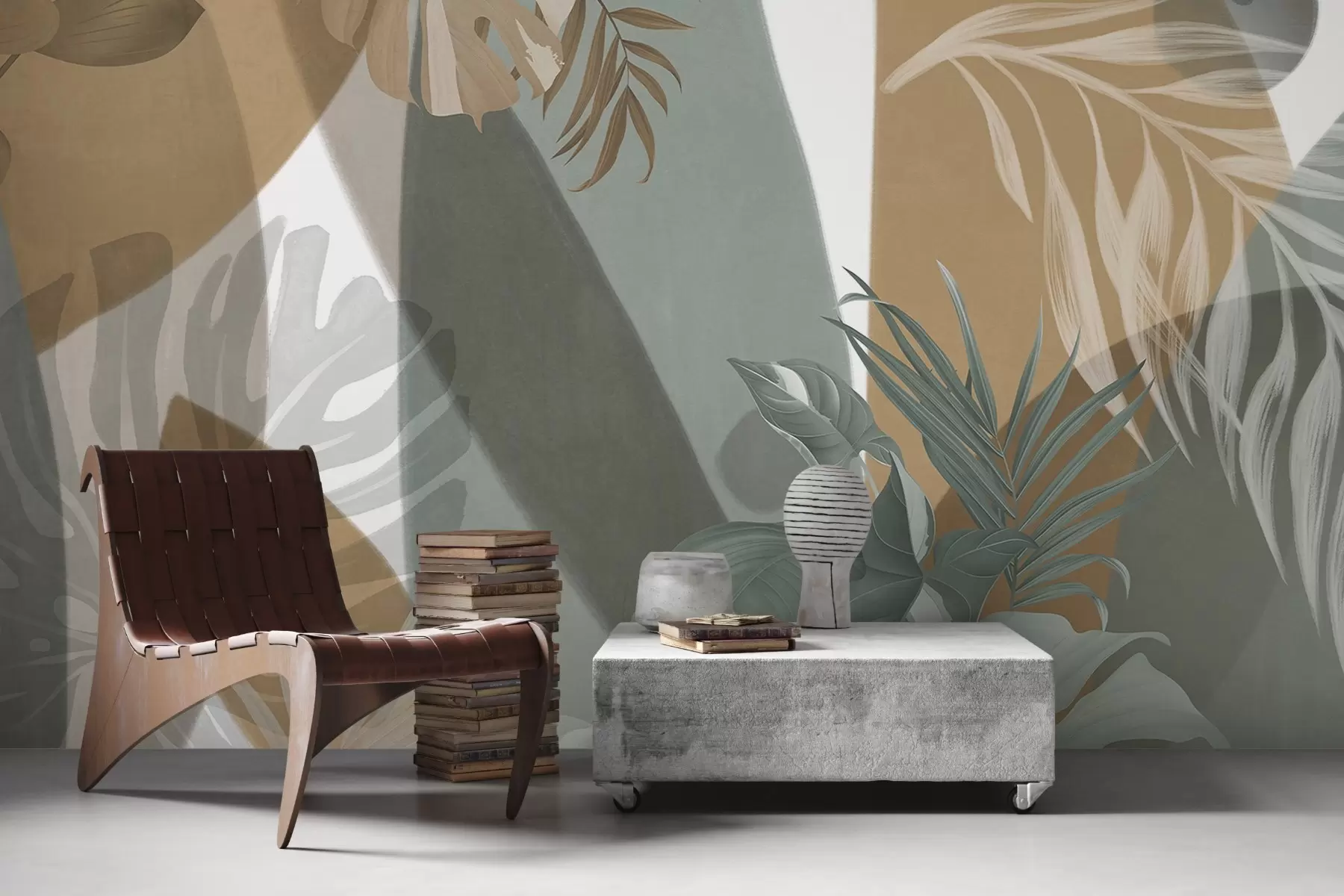 fototapeter Monstera-blader og palmeblader i et mønster med brune, hvite og grønne farger, tropisk stemning, abstrakte former, dekorativt w09288