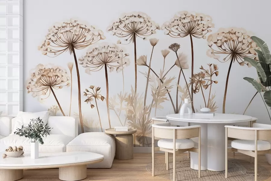 fototapeter Dronning Annes blondeblomster i et felt, teksturert maleriimitasjon, brun, beige og hvit fargepalett, botanisk illustrasjon w09294