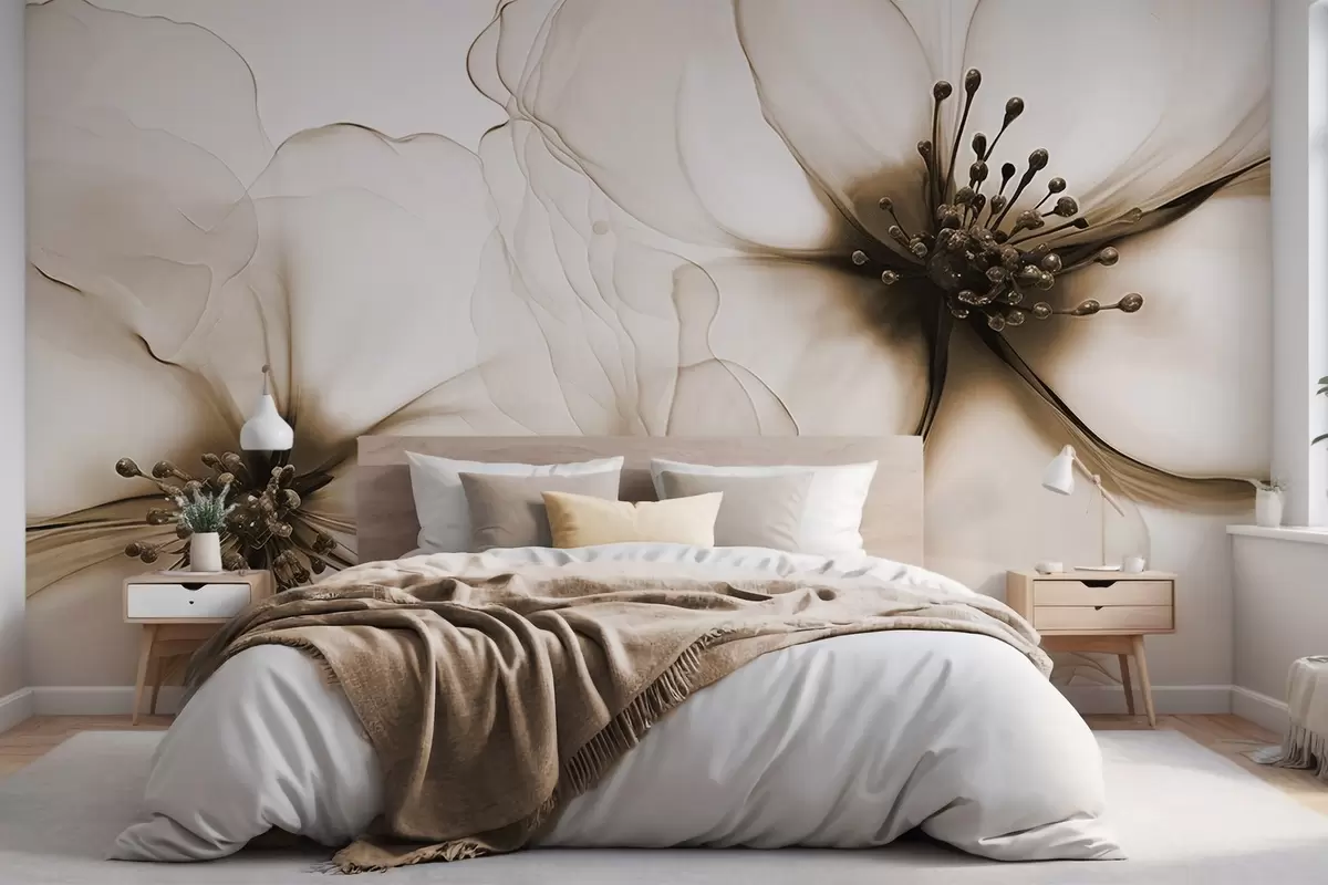 fototapeter To gjennomskinnelige, brune blomster med synlige støvdragere, overlappende, delikate kronblader og en myk, flytende tekstur w09295