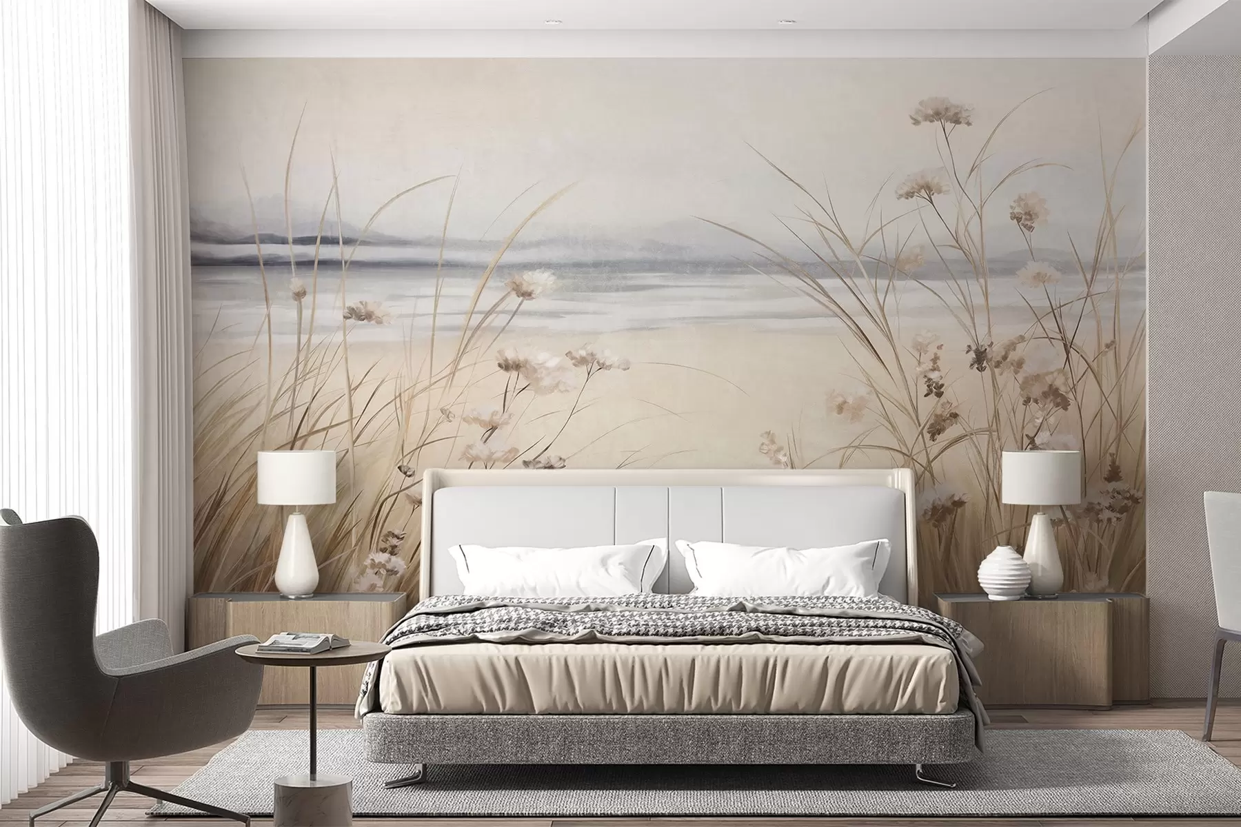 fototapeter Et hveteåker med hvite blomster i forgrunnen, en strand og havet i bakgrunnen, nøytrale pastellfarger i dempede toner w09298