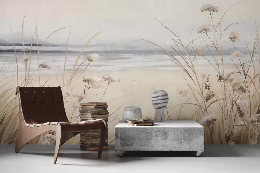 fototapeter Et hveteåker med hvite blomster i forgrunnen, en strand og havet i bakgrunnen, nøytrale pastellfarger i dempede toner w09298