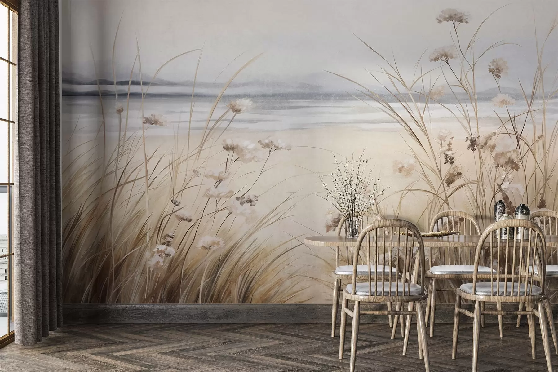 fototapeter Et hveteåker med hvite blomster i forgrunnen, en strand og havet i bakgrunnen, nøytrale pastellfarger i dempede toner w09298