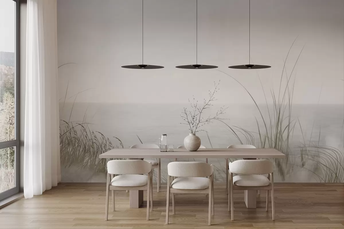 fototapeter Tåkete strand med sart gress i forgrunnen w04339