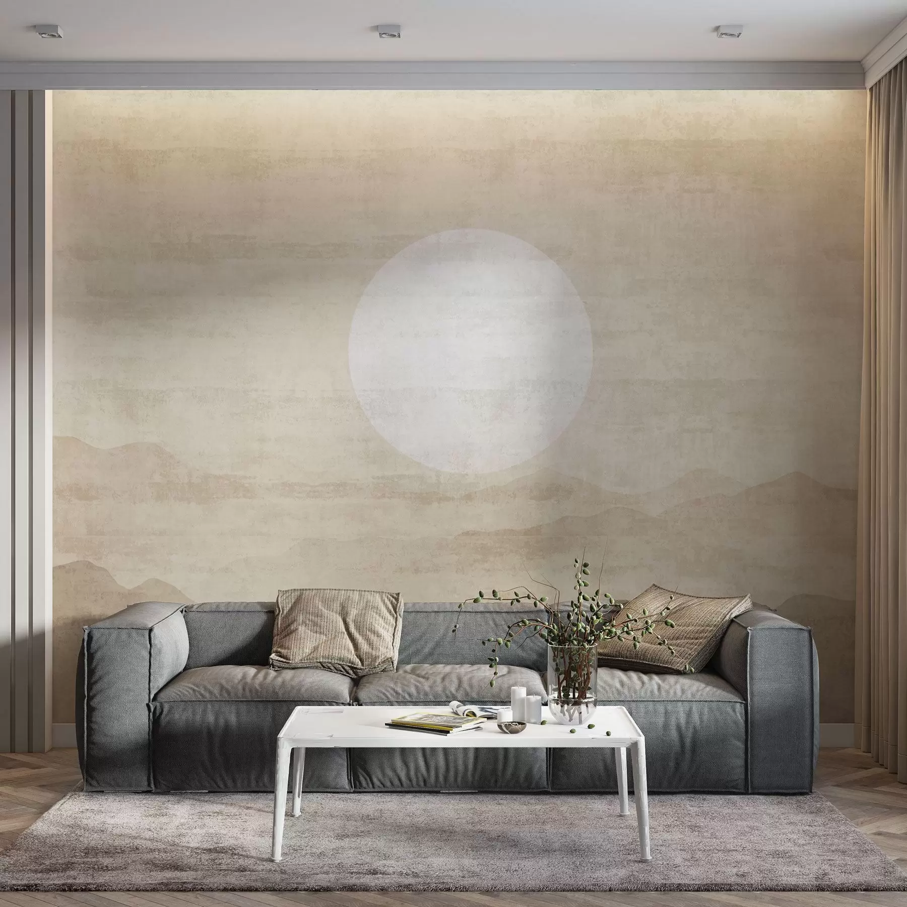 fototapeter Minimalistisk fjellandskap med stor hvit sol w04345